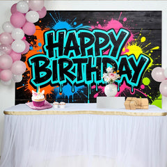 Lofaris Toile de fond anniversaire graffiti néon avec éclaboussures de peinture, arrière-plan de fête urbain et coloré pour studio photo