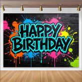 Lofaris Toile de fond anniversaire graffiti néon avec éclaboussures de peinture, arrière-plan de fête urbain et coloré pour studio photo