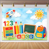 Lofaris Toile de fond colorée pour la rentrée scolaire avec chiffres et lettres, arrière-plan de photographie pour enfants avec fusée et soleil