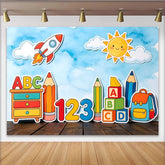 Lofaris Toile de fond anniversaire éducatif avec ABC 123 fusée et crayons pour enfants, magnifique décor de fête d'école pour studio photo