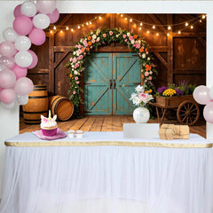 Lofaris Toile de fond de photographie rustique avec arche florale et lumières, élégant décor de grange en bois pour studio photo