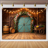 Lofaris Toile de fond de photographie rustique avec arche florale et lumières, élégant décor de grange en bois pour studio photo