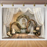 Lofaris Toile de fond de mariage élégante avec arche florale et vitrail, décor romantique pour cérémonie et studio photo