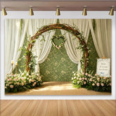 Lofaris Toile de fond pour mariage avec arche en bois rustique et fleurs roses, élégant décor romantique pour cérémonie et studio photo