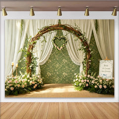 Lofaris Toile de fond pour mariage avec arche en bois rustique et fleurs roses, élégant décor romantique pour cérémonie et studio photo