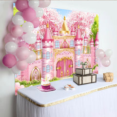 Lofaris Toile de fond château de princesse rose pour anniversaire fille, décor de printemps avec cerisiers en fleurs pour studio photo