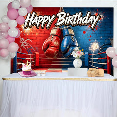 Lofaris Toile de fond joyeux anniversaire boxe avec gants rouges et bleus, arrière-plan de ring de combat pour fête et studio photo