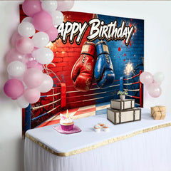Lofaris Toile de fond joyeux anniversaire boxe avec gants rouges et bleus, arrière-plan de ring de combat pour fête et studio photo