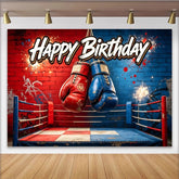 Lofaris Toile de fond joyeux anniversaire boxe avec gants rouges et bleus, arrière-plan de ring de combat pour fête et studio photo