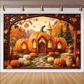 Lofaris Toile de fond de photographie paysage d'automne avec maisonnettes citrouilles et feuilles, féerique pour studio photo et décoration