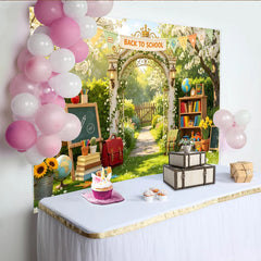 Lofaris Toile de fond de rentrée scolaire avec arche fleurie et fournitures d'école, arrière-plan de photographie pour studio et fête