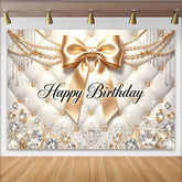 Lofaris Toile de fond joyeux anniversaire or et blanc avec nœud et perles, arrière-plan luxueux pour photographie de fête et studio