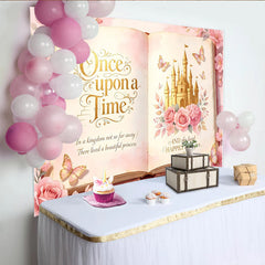 Lofaris Toile de fond pour anniversaire princesse château doré et roses roses, décor de conte de fées avec papillons pour séance photo