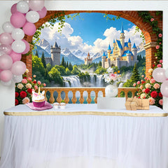 Lofaris Toile de fond de photographie château de conte de fées, magnifique décor de paysage féerique avec cascades pour studio photo