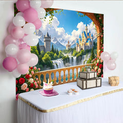 Lofaris Toile de fond de photographie château de conte de fées, magnifique décor de paysage féerique avec cascades pour studio photo