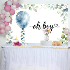 Lofaris Toile de fond pour baby shower garçon oh boy avec ballon bleu, magnifique décor de fête avec eucalyptus pour studio photo