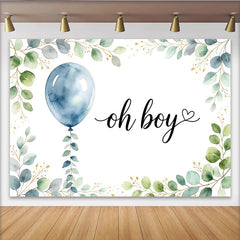 Lofaris Toile de fond pour baby shower garçon oh boy avec ballon bleu, magnifique décor de fête avec eucalyptus pour studio photo