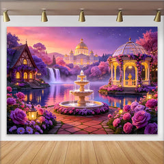 Lofaris Toile de fond de photographie de château féerique et cascade violette, magnifique arrière-plan de jardin enchanté pour studio photo