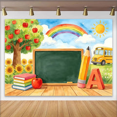 Lofaris Toile de fond pour la rentrée scolaire avec tableau noir et bus jaune, magnifique décor pour studio photo et fête d'école