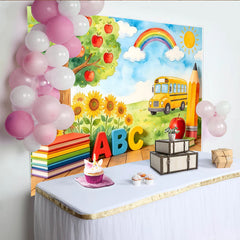 Lofaris Toile de fond de photographie pour la rentrée scolaire avec bus jaune et arc-en-ciel, arrière-plan éducatif pour studio photo