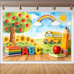 Lofaris Toile de fond de photographie pour la rentrée scolaire avec bus jaune et arc-en-ciel, arrière-plan éducatif pour studio photo