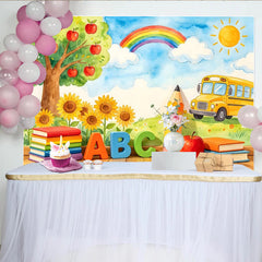 Lofaris Toile de fond de photographie rentrée scolaire avec bus, lettres ABC et livres colorés, arrière-plan éducatif pour studio photo enfants