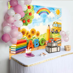 Lofaris Toile de fond de photographie rentrée scolaire avec bus, lettres ABC et livres colorés, arrière-plan éducatif pour studio photo enfants