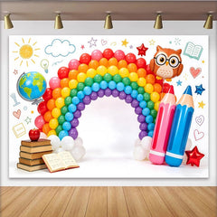 Lofaris Toile de fond rentrée scolaire arc-en-ciel avec livres et crayons, décor éducatif pour studio photo et célébration d'école