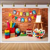 Lofaris Toile de fond colorée pour la rentrée scolaire avec fournitures, arrière-plan de studio photo mural en briques et art