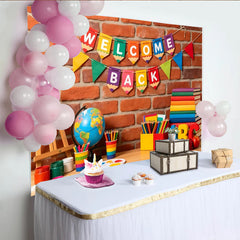 Lofaris Toile de fond mur de briques bienvenue rentrée scolaire avec fournitures, arrière-plan coloré pour studio photo et décoration de classe