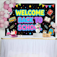 Lofaris Toile de fond colorée Welcome Back to School avec fournitures scolaires, décor joyeux pour studio photo et fête d'école
