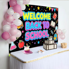 Lofaris Toile de fond colorée Welcome Back to School avec fournitures scolaires, décor joyeux pour studio photo et fête d'école