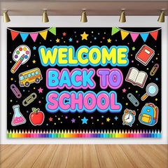 Lofaris Toile de fond colorée Welcome Back to School avec fournitures scolaires, décor joyeux pour studio photo et fête d'école