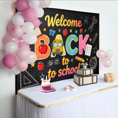Lofaris Toile de fond tableau noir rentrée scolaire avec bus et pommes colorées, décor joyeux avec livres et crayons pour studio photo