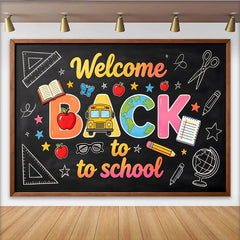 Lofaris Toile de fond tableau noir rentrée scolaire avec bus et pommes colorées, décor joyeux avec livres et crayons pour studio photo