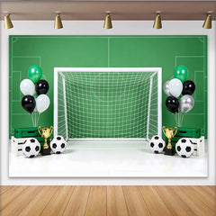Lofaris Toile de fond de football pour anniversaire garçon avec ballons et trophées, magnifique arrière-plan de terrain de sport