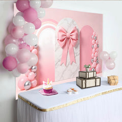 Lofaris Toile de fond rose pour anniversaire fille avec nœud et ballons, élégant décor en marbre et arc-en-ciel pour studio photo