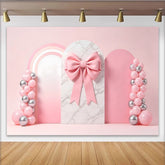 Lofaris Toile de fond rose pour anniversaire fille avec nœud et ballons, élégant décor en marbre et arc-en-ciel pour studio photo