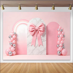 Lofaris Toile de fond rose pour anniversaire fille avec nœud et ballons, élégant décor en marbre et arc-en-ciel pour studio photo