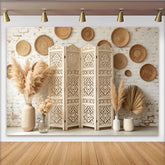 Lofaris Toile de fond de photographie bohème avec paravent en bois sculpté, élégant décor rustique pour studio photo et portrait