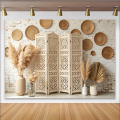 Lofaris Toile de fond de photographie bohème avec paravent en bois sculpté, élégant décor rustique pour studio photo et portrait