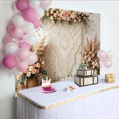 Lofaris Toile de fond de photographie bohème florale avec macramé et roses, élégant arrière-plan pour studio photo ou événement