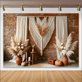 Lofaris Toile de fond de photographie bohème avec macramé et herbe de pampa, arrière-plan mural en brique rustique pour studio photo