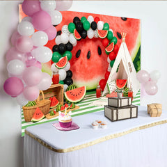 Lofaris Toile de fond joyeux anniversaire pastèque et ballons verts rouges, magnifique décor de fête d'été pour studio photo