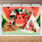 Lofaris Toile de fond joyeux anniversaire pastèque et ballons verts rouges, magnifique décor de fête d'été pour studio photo