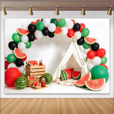 Lofaris Toile de fond anniversaire pastèque avec ballons rouges et verts, arrière-plan estival pour studio photo et célébration