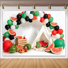 Lofaris Toile de fond anniversaire pastèque avec ballons rouges et verts, arrière-plan estival pour studio photo et célébration