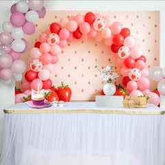 Lofaris Toile de fond anniversaire fraise rose avec ballons, décor mural motif fraises et ballons rouges pour fête d'enfants