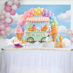 Lofaris Toile de fond joyeux anniversaire chariot de glaces et ballons pastel, magnifique arrière-plan de fête pour studio photo et décoration