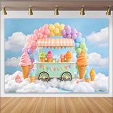 Lofaris Toile de fond joyeux anniversaire chariot de glaces et ballons pastel, magnifique arrière-plan de fête pour studio photo et décoration